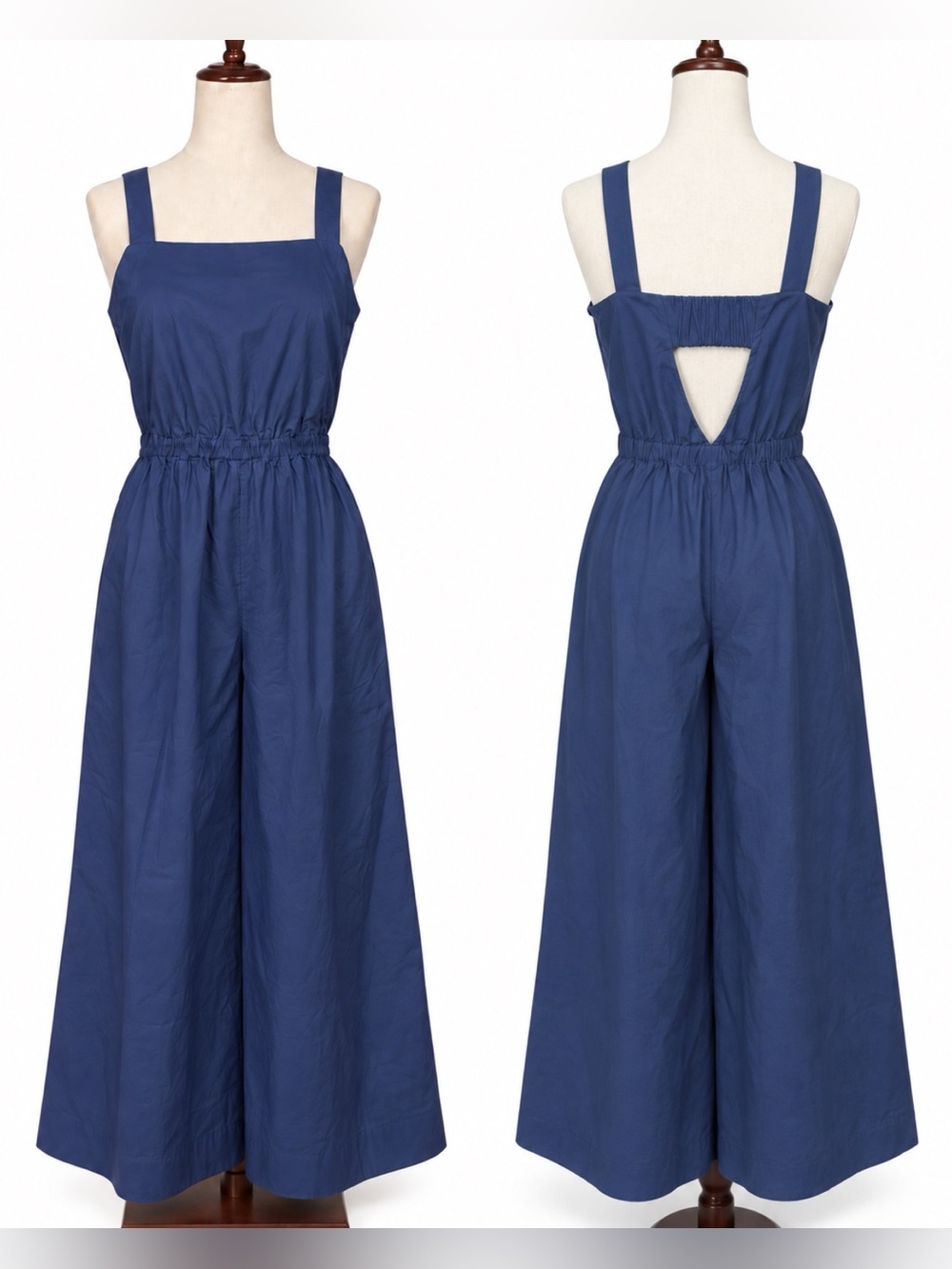 COS blue jumpsuit- closet staple.  Wide leg, elastic waist- square neckline 6-8